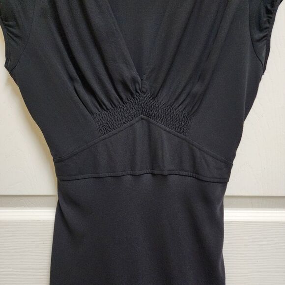 Zara Dress M Black 100% Silk V Neck Tie Back Cap Slv Midi Fitted Sheer Party - Picture 9 of 12
